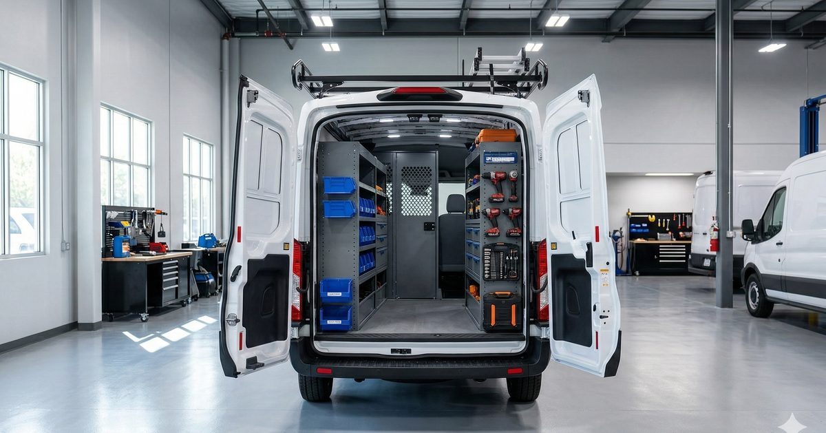 Commercial van upfit with professional shelving system