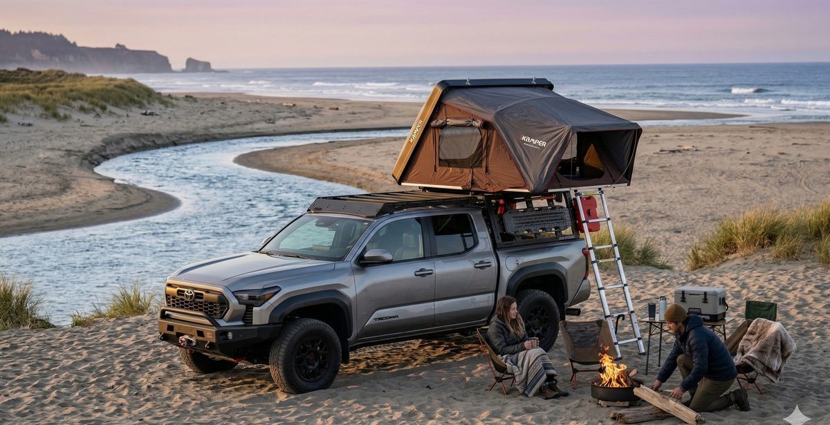 Overlanding truck with rooftop tent on California beach