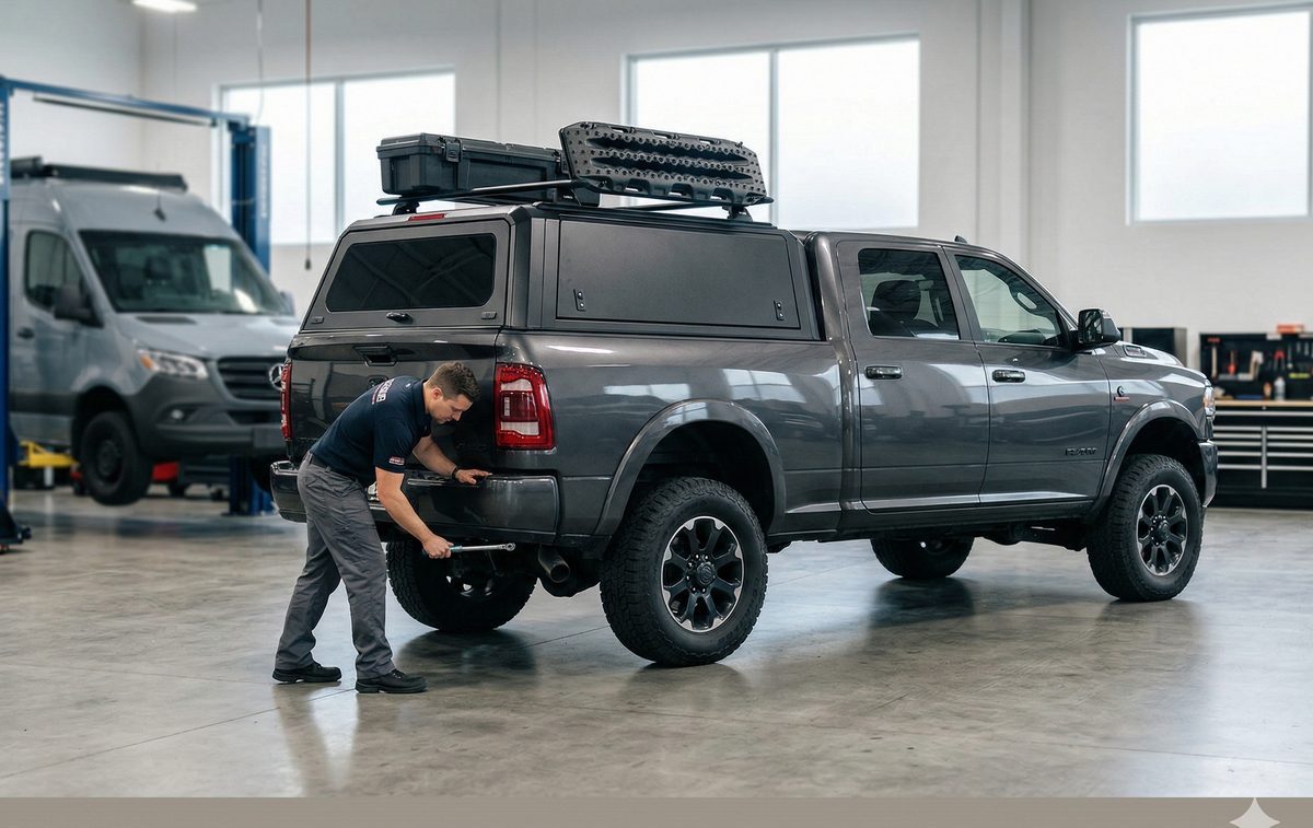 Truck cap and overlanding build in Sacramento shop