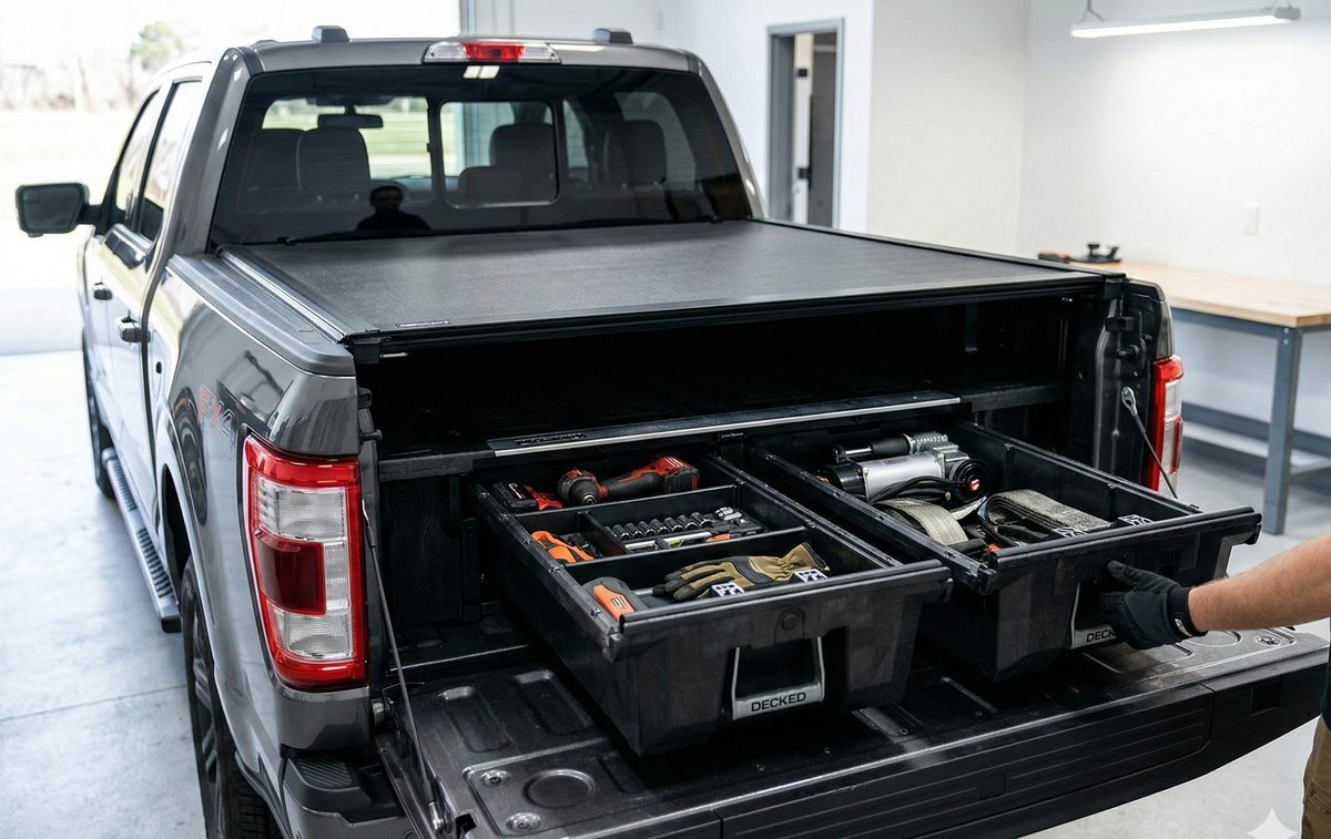 DECKED truck bed drawer system with tools organized